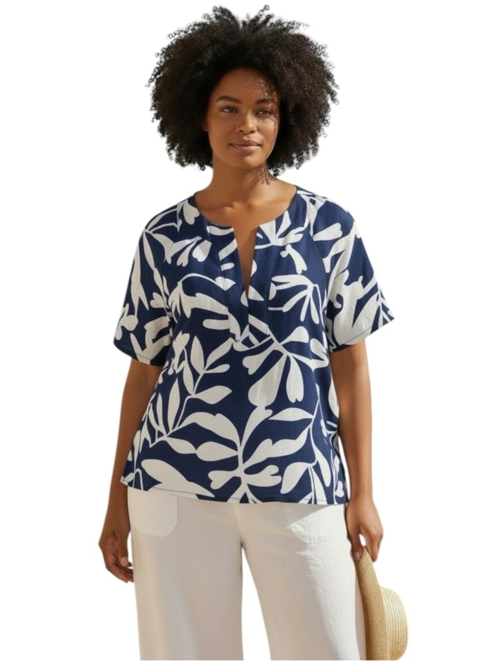 Elie Tahari Linen Tunic Top 2X Navy White Botanical Print Split Neck Plus Size
